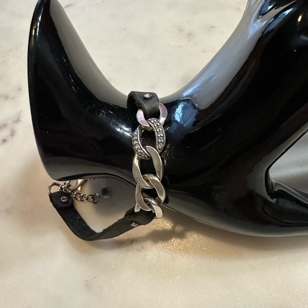 Retired Vintage Silpada Sterling Silver Link w CZ and Leather Bracelet
